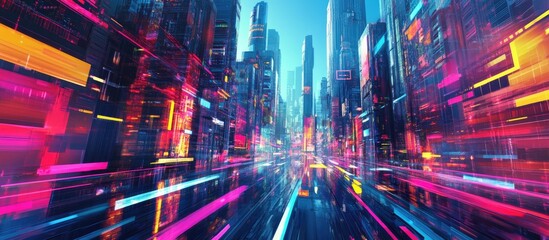 Poster - Futuristic urban landscape with cyberpunk aesthetics 3D rendering showcasing a vibrant metaverse environment