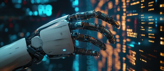 Poster - Cyborg hand gripping a chatbot alongside 3D rendered binary code messages and data elements