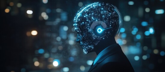 Poster - Businessman utilizing a 3D rendered digital artificial intelligence head interface against a dark backdrop