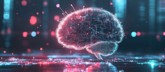 Aufkleber - Illustration of a human brain featuring lines and dots representing technological advancement and interaction with artificial intelligence including elements like implants and circuit boards
