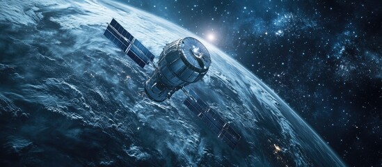 Poster - 3D Illustration of a Satellite Orbiting a Planet Representing Advanced Technology in Space Exploration