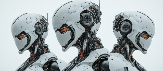 Poster - Collage of futuristic robot figures featuring a highly detailed cyborg with an exposed face and chest set against a white background 3D illustration