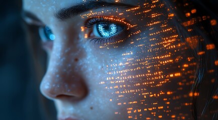 A blue digital hacker with glowing binary code, AI in cybersecurity systems, threat detection algorithms, penetration testing tools, and digital forensics analysis. cybercrime, cyber attack design,