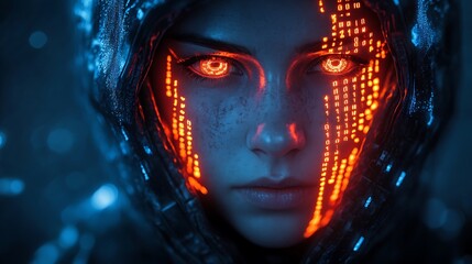 A blue digital hacker with glowing binary code, AI in cybersecurity systems, threat detection algorithms, penetration testing tools, and digital forensics analysis. cybercrime, cyber attack design,