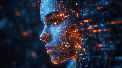 A blue digital hacker with glowing binary code, AI in cybersecurity systems, threat detection algorithms, penetration testing tools, and digital forensics analysis. cybercrime, cyber attack design,