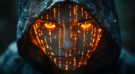 A blue digital hacker with glowing binary code, AI in cybersecurity systems, threat detection algorithms, penetration testing tools, and digital forensics analysis. cybercrime, cyber attack design,