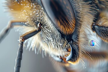 Leinwandbilder - a close up of a bee's face with water droplets tiny hairs on the legs of a bee