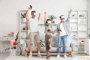 Wall Mural - Happy father with his children in VR glasses playing video game at home