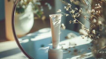 Poster - A tube of cream stands elegantly in front of a mirror, capturing reflections amidst dried flowers and warming morning light. Generative AI