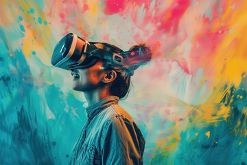 Leinwandbilder - Women using vr glass to view colorful world abstract colorful image
