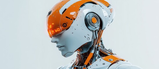 Aufkleber - Futuristic orange robot cyborg character design 3D illustration displayed on a white background