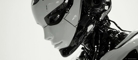 Poster - Detailed depiction of a black and white AI robot on a light backdrop Conceptual 3D CGI showcasing automation optimization and blockchain technology