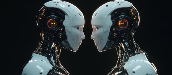 Poster - Profile view of two interconnected robots against a solid black background