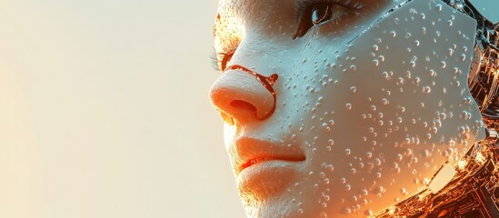 Aufkleber - Female cyborg face featuring intricate pearl like synthetic skin showcasing virtual reality elements and AI conceptual design in a 3D render