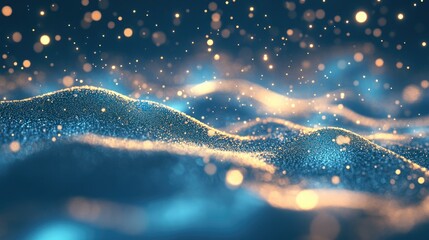 Poster - Glittering wave of particles on a blue background featuring glowing out of focus lights