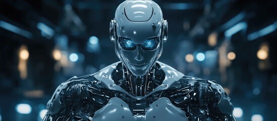 Poster - Robot showcasing strength in a high tech environment Humanoid or cyborg AI technology concept Futuristic robotic sci fi element Clipping path 3D rendering