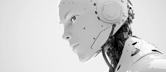 Poster - Detailed view of a white AI robot against a white background 3D concept of automation optimization and blockchain technology