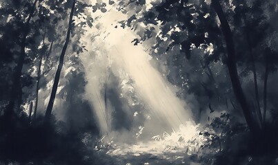 Poster - Sunbeams Piercing Through a Dark Forest