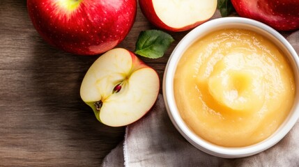 A bowl of apple sauce with apples and leaves around it, AI