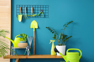 Sticker - Interior of workshop with gardening tools, bench and pin board