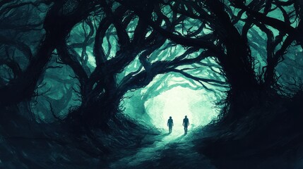 Poster - Two Figures Walking Through a Dark and Mystical Forest