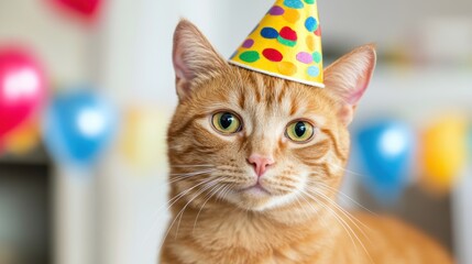 Wall Mural - A cat wearing a birthday hat with colorful balloons behind it, AI