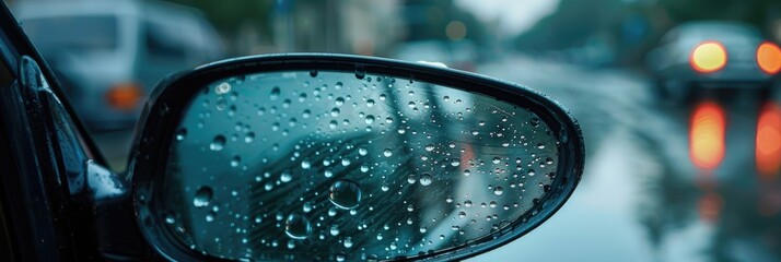 Poster - raindrops on a vehicle's mirror in wet conditions with gentle selective focus.