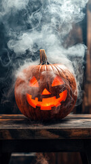 Halloween night orange pumpkin, carved with frightening face, emitted cloud of smoke it sat amidst dark autumn leaves, creating skittish atmosphere filled with ghostly horror evil sense of dread.