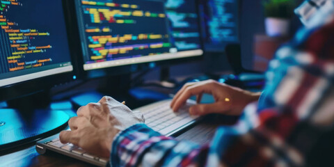 a programmer writing code, fingers flying across the keyboard, focus and concentration