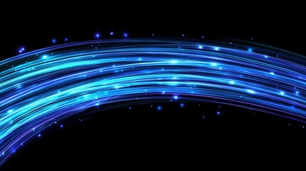 Abstract Blue Light Streaks and Glowing Particles on Black Background