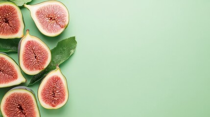 Fresh Figs Halved with Green Leaves on a Light Green Background