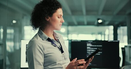 Aufkleber - Business, employee and woman with tablet, typing and internet with professional, digital app and connection. Inspection, person and review with tech, software analysis and research with engineering