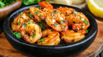 Poster - A bowl of shrimp is sitting on a table with lemon and parsley, AI