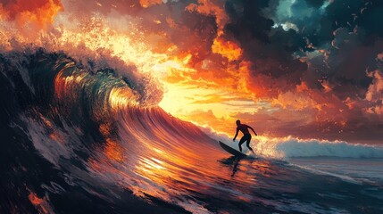 Canvas Print - Surfer Riding a Wave at Sunset