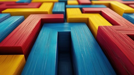 Poster - A close up of a colorful maze made out of wooden blocks, AI