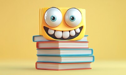 Wall Mural - A Smiling Yellow Emoji Sitting on a Stack of Books