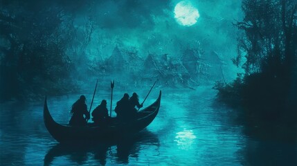 Silhouettes of People in a Boat on a Mystical Waterway at Night