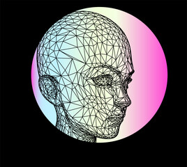 Aufkleber - Conceptual technological illustration of 3d head made of mesh on background of holographic circle.