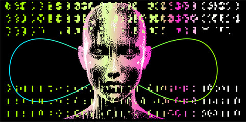 Poster - Pixel art of bald woman on background with glitched pixels. Futuristic illustration on the theme of technology and human.