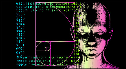 Poster - Pixel art of bald woman on background with glitched pixels. Futuristic illustration on the theme of technology and human.