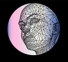 Aufkleber - Conceptual technological illustration of 3d head made of mesh on background of holographic circle.