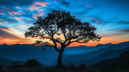 A beautiful silhouette of a majestic tree stands against a sunset, framed by distant mountains and clouds, creating a peaceful atmosphere that captivates the soul and invites reflection