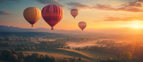 Canvas Print - Hot Air Balloons Soaring Over a Misty Landscape at Sunrise