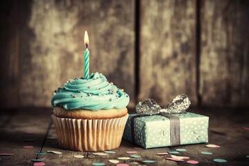 Delicious birthday cupcake with blue frosting and lit candle, festive celebration, party decorations, sweet treat, gift box, wooden background, close-up, birthday dessert, sugary delight