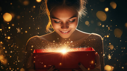 Woman opening a magical glowing gift box, Christmas surprise, holiday magic, festive bokeh lights, joyful expression, bright red present, seasonal cheer, Christmas celebration