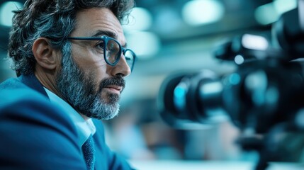 Wall Mural - A professional man in a suit focuses intently on a camera, set against a backdrop of cool blue lighting, signifying the media industry, concentration, and the sophisticated technology used by profess