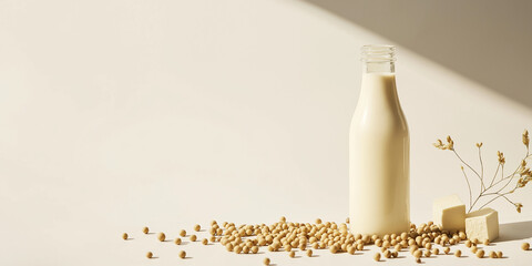 a glass bottle of soy milk with soybeans scattered around against an isolated tofu white background