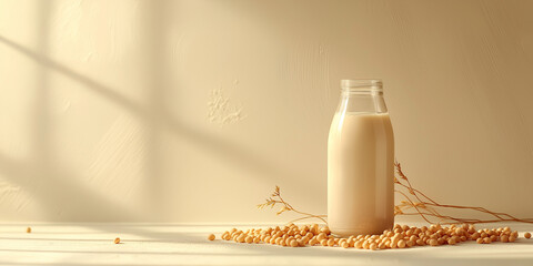 a glass bottle of soy milk with soybeans scattered around against an isolateddusty chocolatebackground