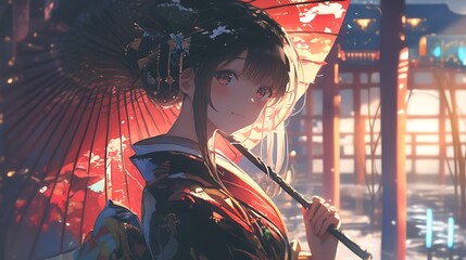 Sticker - beautiful anime girl with umbrella