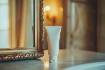 Poster - A tube of cream stands beside a vintage mirror, reflecting softly in a well-lit bathroom, creating a serene atmosphere. Generative AI